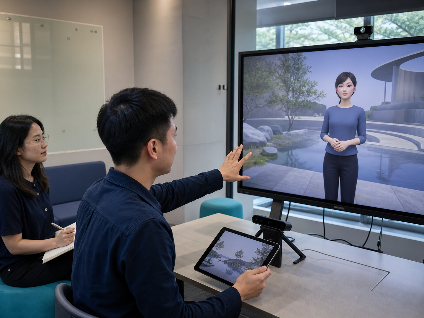 A student and researcher evaluating an AI virtual character interaction
